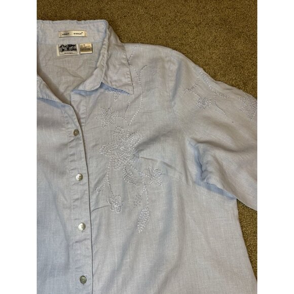 EDWARD Irish Linen Light Blue Button Shirt Top Embroidered 3/4 Sleeve Casual 1X - Picture 4 of 8